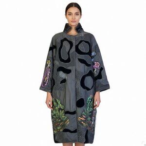 La Coleccion Judith Roberts Black Velvet & Lace Sequined Embroidered Long Coat